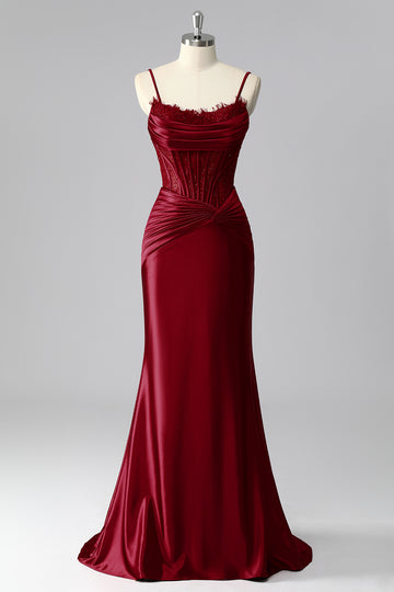Burgundy Mermaid Corset Satin Ruched Prom Dress